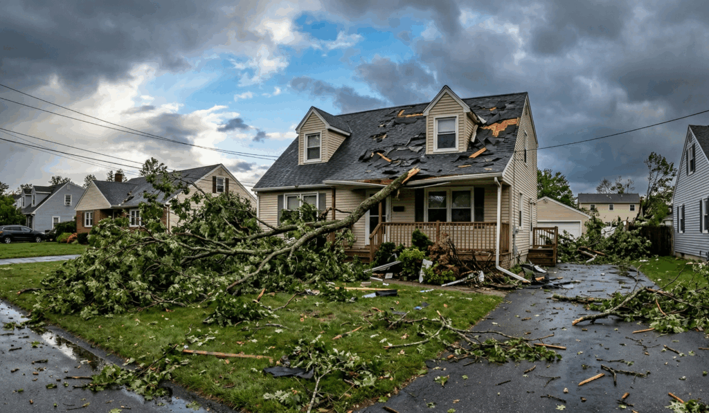 storm damaged house roof and debris
